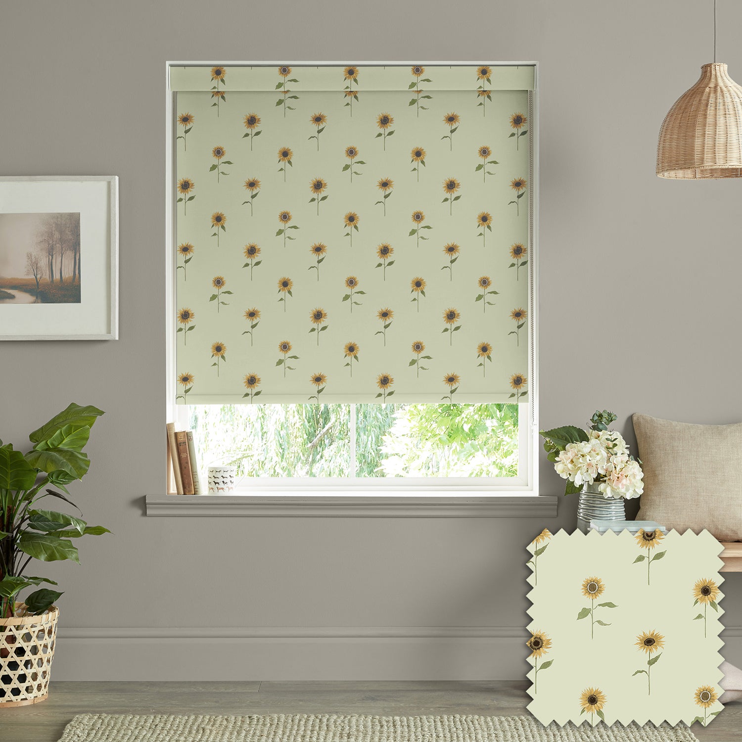 Sunflowers Pale Green Made to Measure Roller Blind by Sophie Allport
