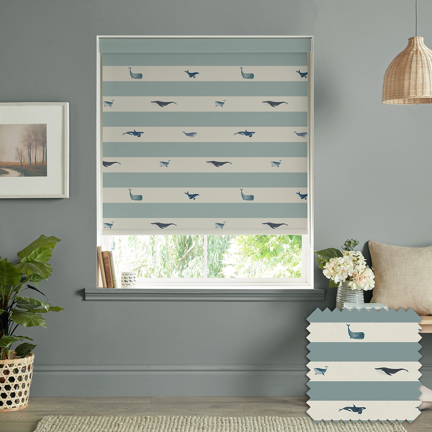 Whales Deep Duck Egg Made to Measure Roller Blind