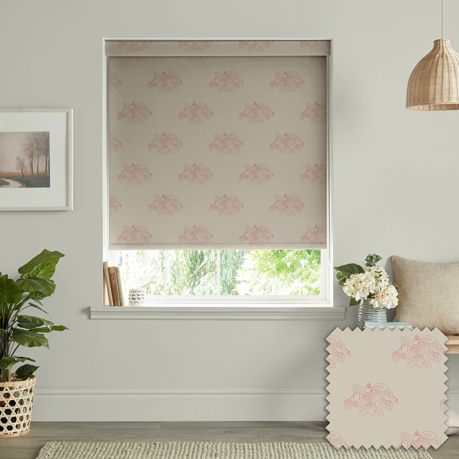 Strawberries Pink Red Linen Look Made to Measure Roller Blind by Sophie Allport