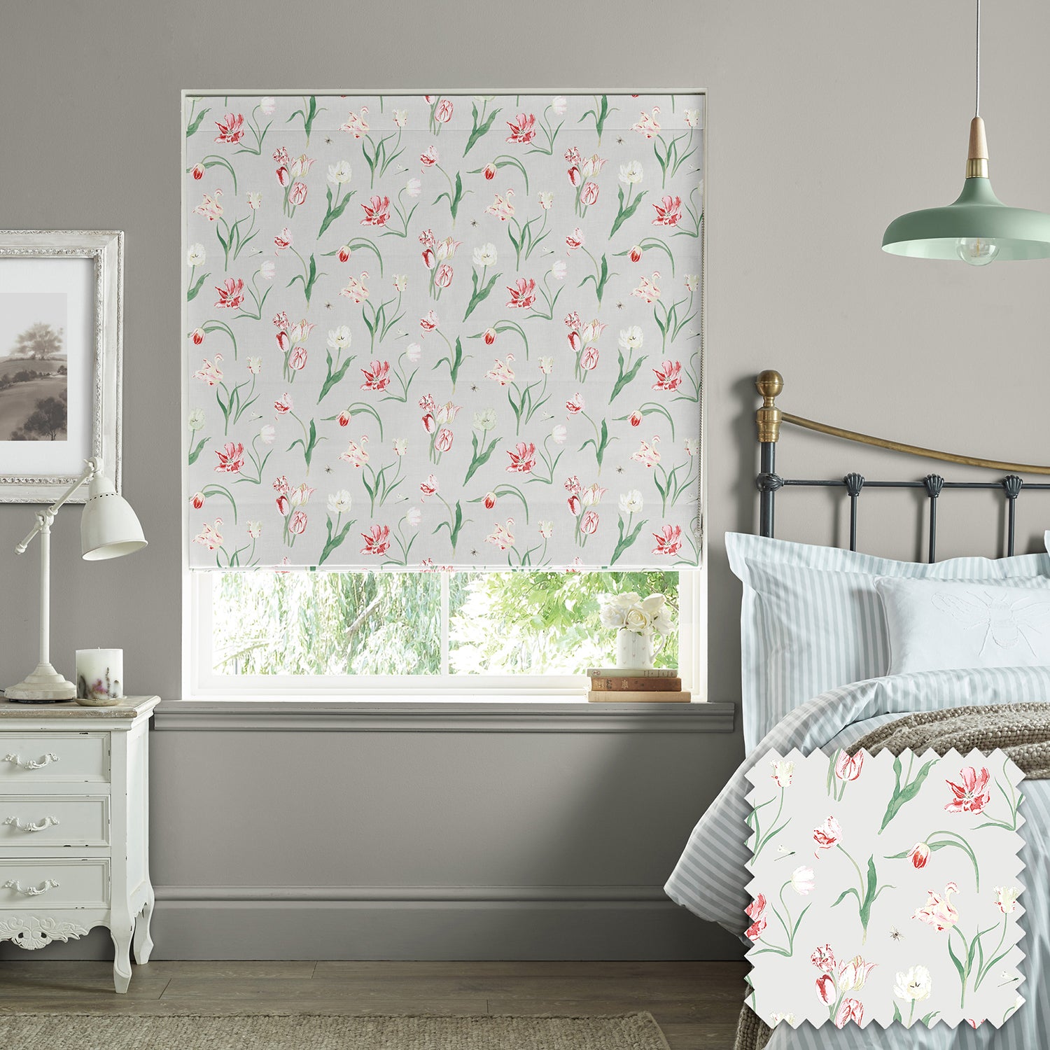 Tulips Pale Grey Made to Measure Roman Blind by Sophie Allport