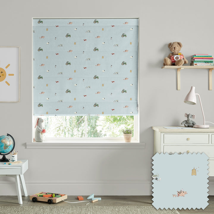 On the Farm Blue Made to Measure Roman Blind by Sophie Allport