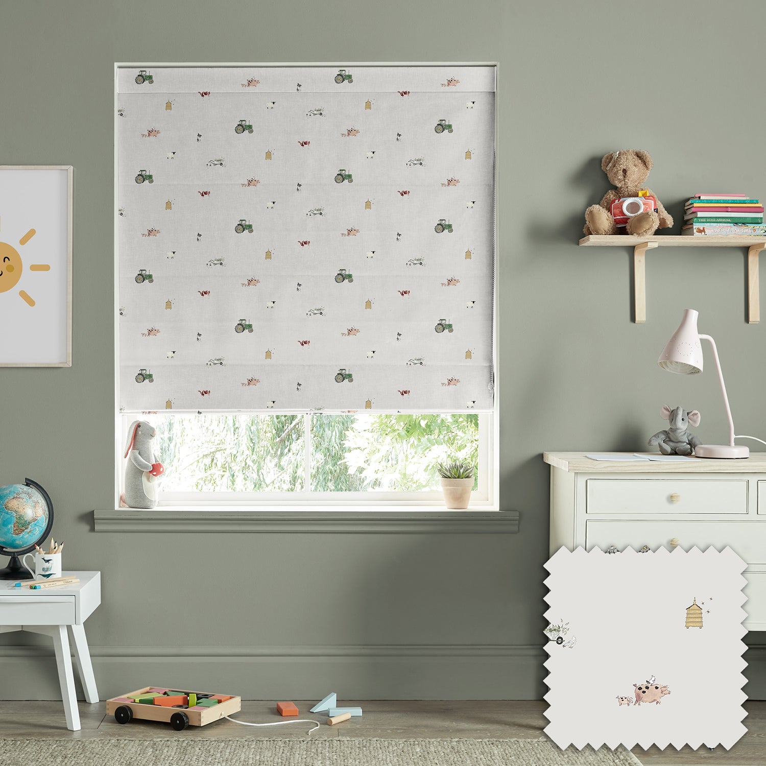 On the Farm Soft Grey Made to Measure Roman Blind by Sophie Allport