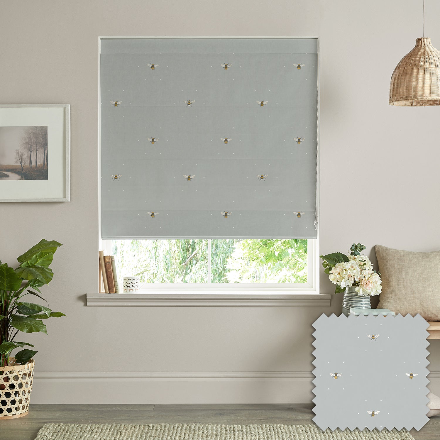 Bees Pale Slate Made to Measure Roman Blind