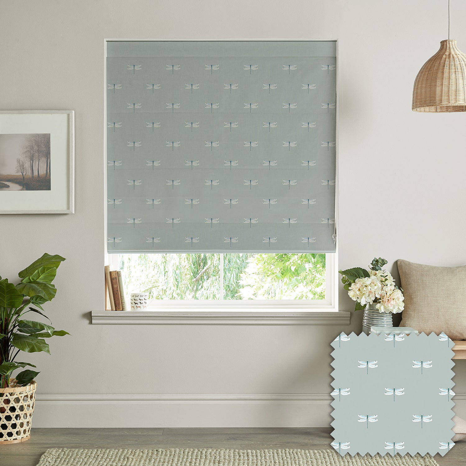 Dragonfly Grey Blue Made to Measure Roman Blind