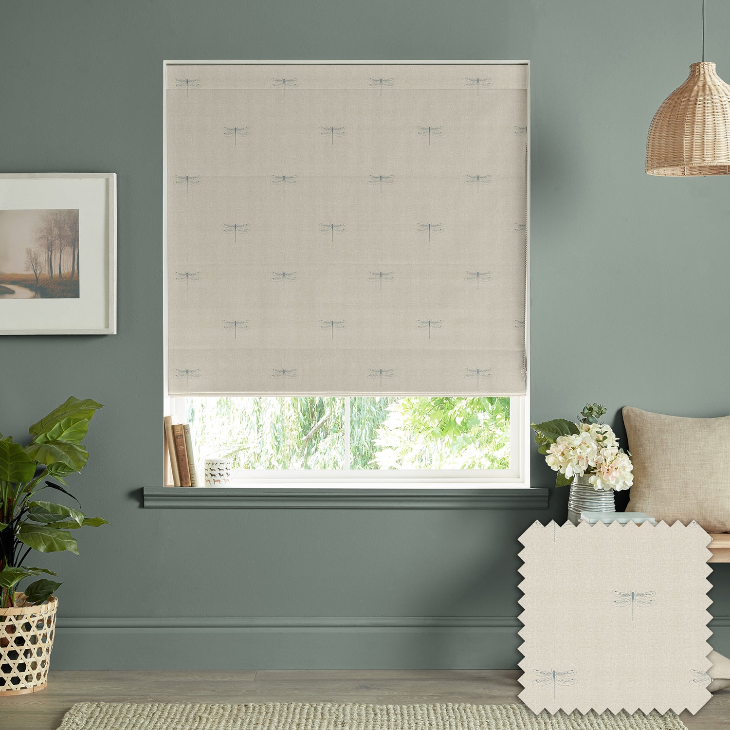 Dragonfly Duck Egg Linen Made to Measure Roman Blind by Sophie Allport