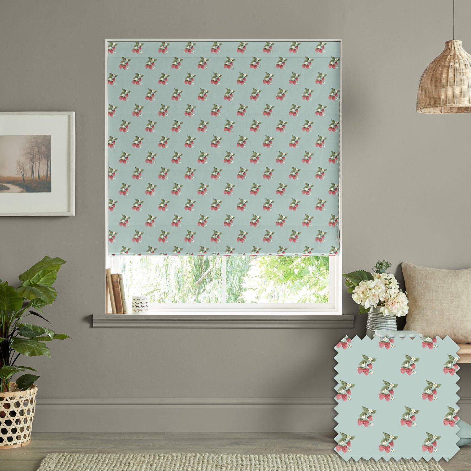 Strawberries Pale Blue Made to Measure Roman Blind by Sophie Allport