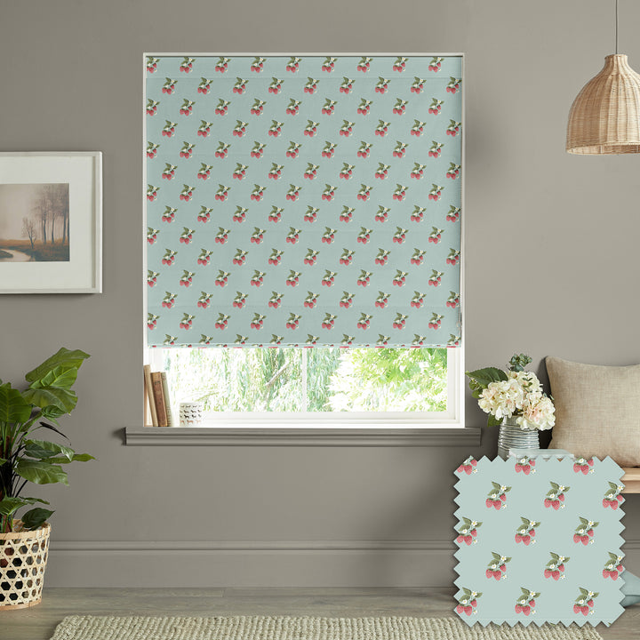 Strawberries Pale Blue Made to Measure Roman Blind by Sophie Allport
