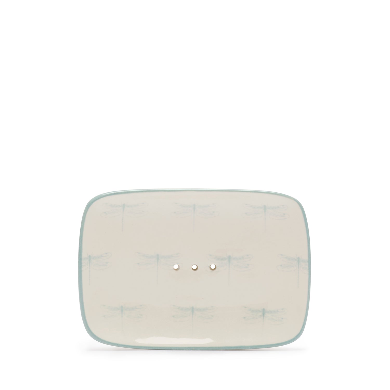 White stoneware soap dish with dragonfly print by Sophie Allport front