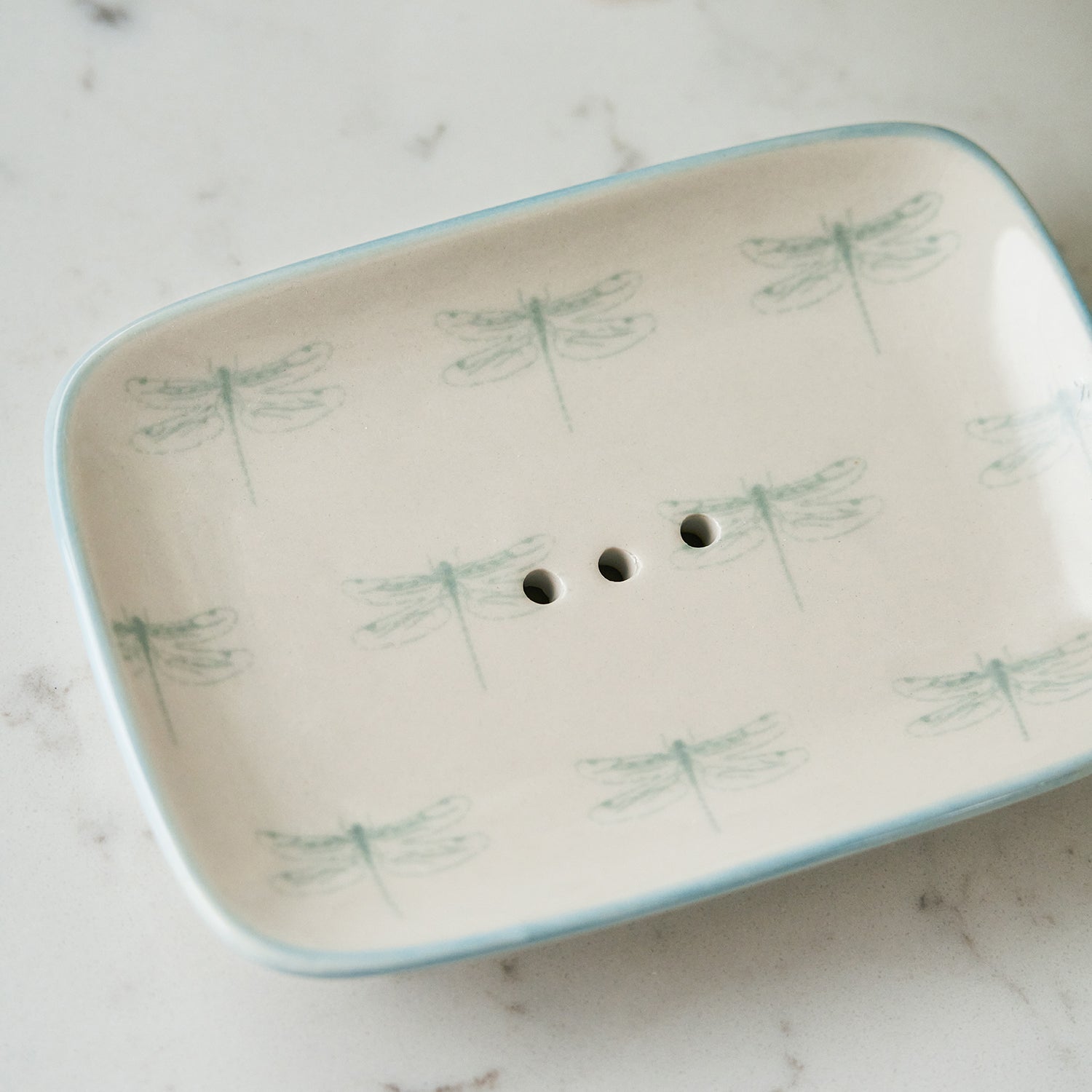 White stoneware soap dish with dragonfly print by Sophie Allport detail