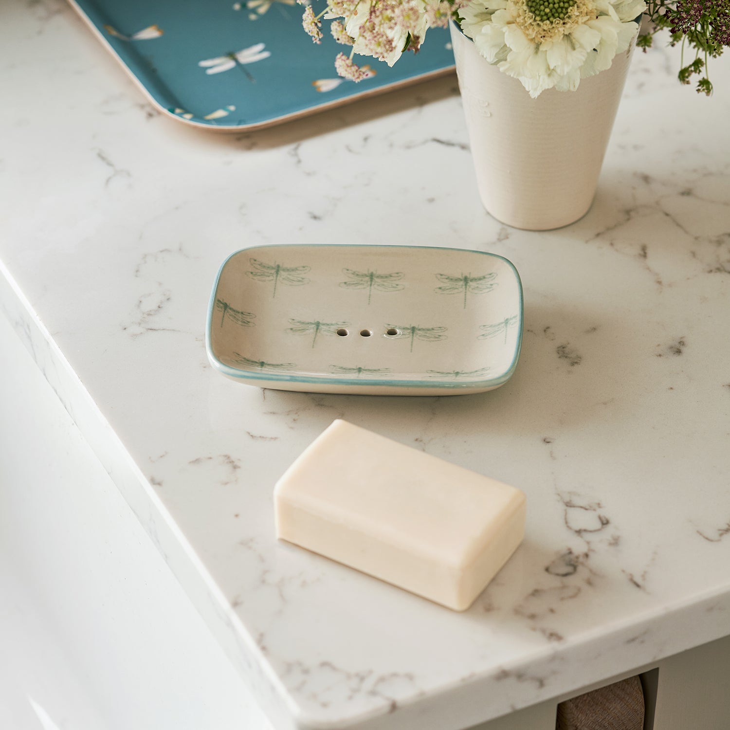 White stoneware soap dish with dragonfly print by Sophie Allport