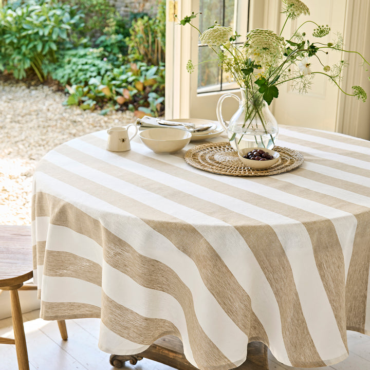 Witham Sand Stripe Round Linen Tablecloth