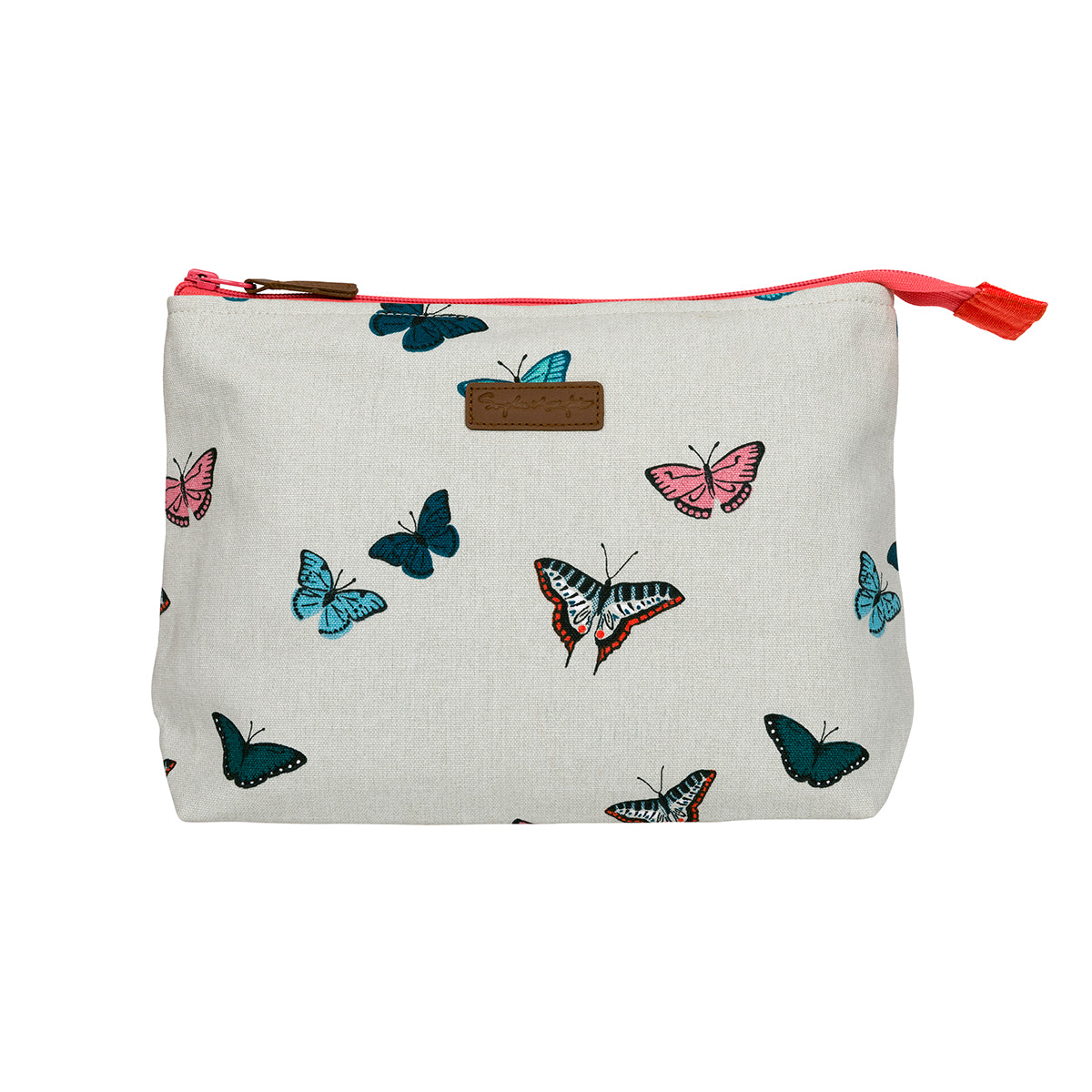 Sophie Allport Butterflies Wash Bag covered in colourful butterflies on a neutral background.