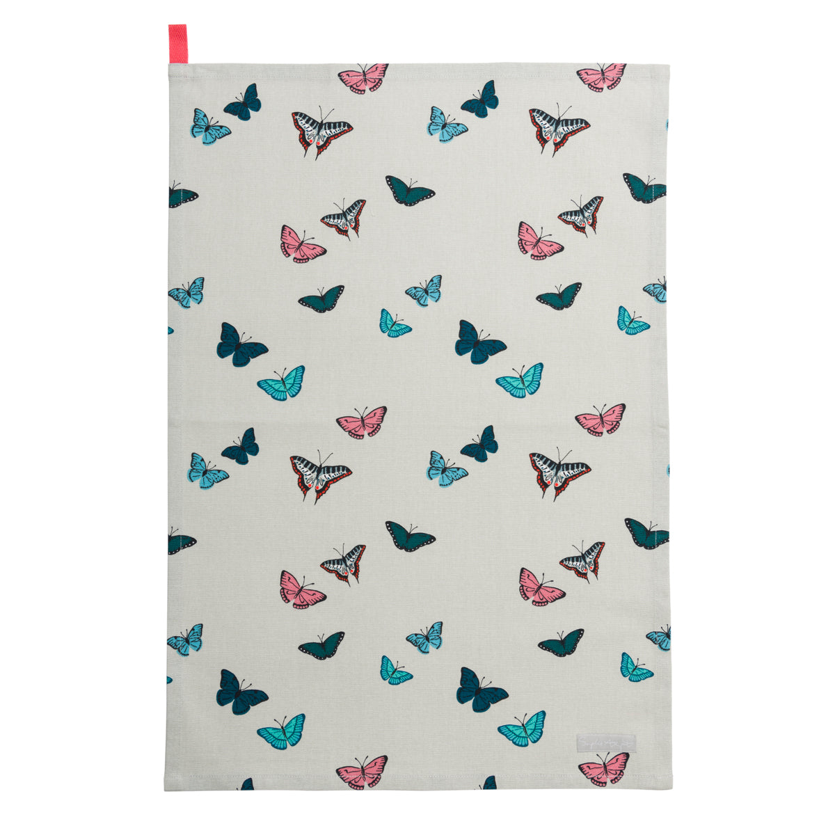 Colourful butterflies sit on this Sophie Allport tea towel with a soft neutral background.