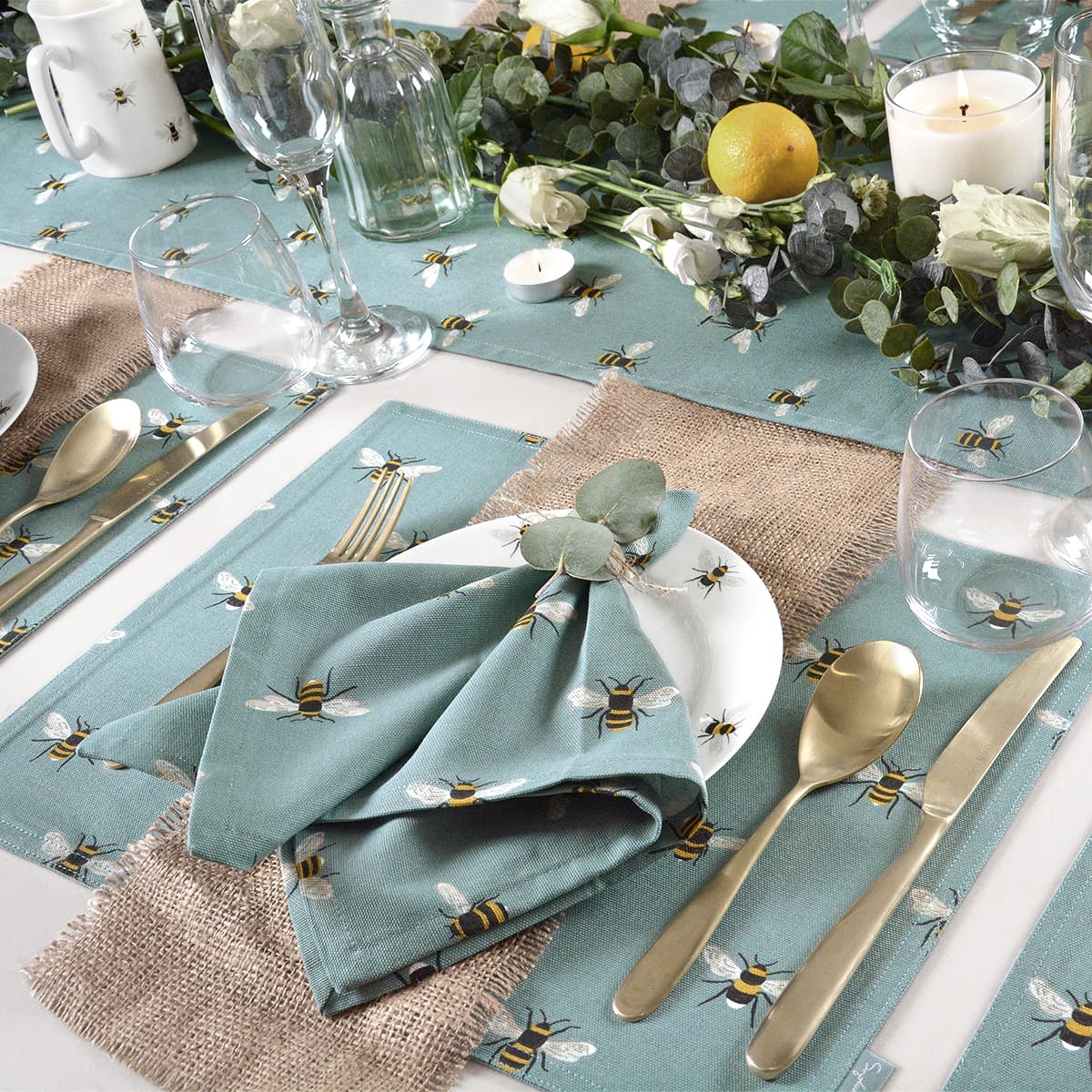Bees Teal Table Runner