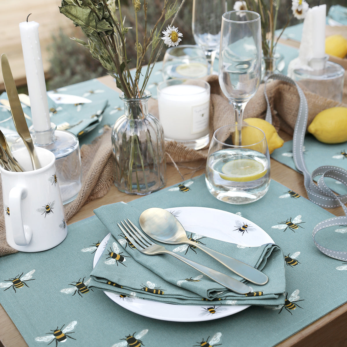 Bees teal fabric napkins made from 100% cotton by Sophie Allport