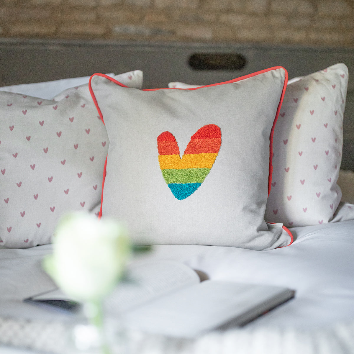 Multicoloured Hearts Embroidered Cushion by Sophie Allport