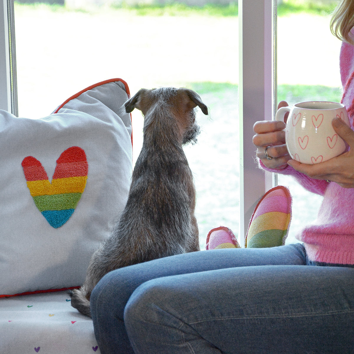 Multicoloured Hearts Embroidered Cushion by Sophie Allport