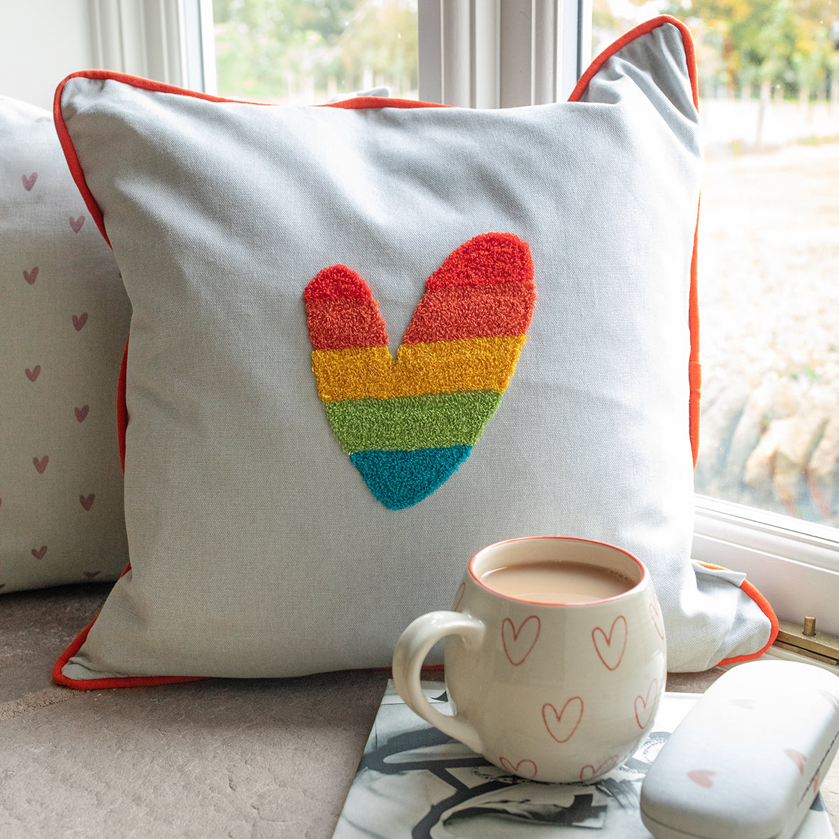 Multicoloured Hearts Embroidered Cushion by Sophie Allport