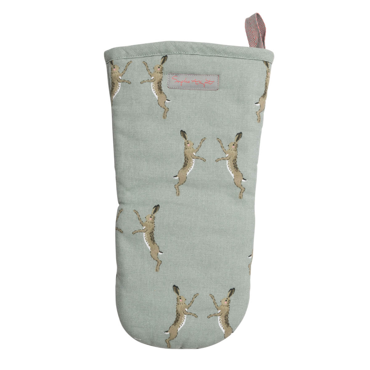 Boxing Hares Oven Mitt by Sophie Allport made form 100% cotton with internal thermal layer and light pink hanging loop