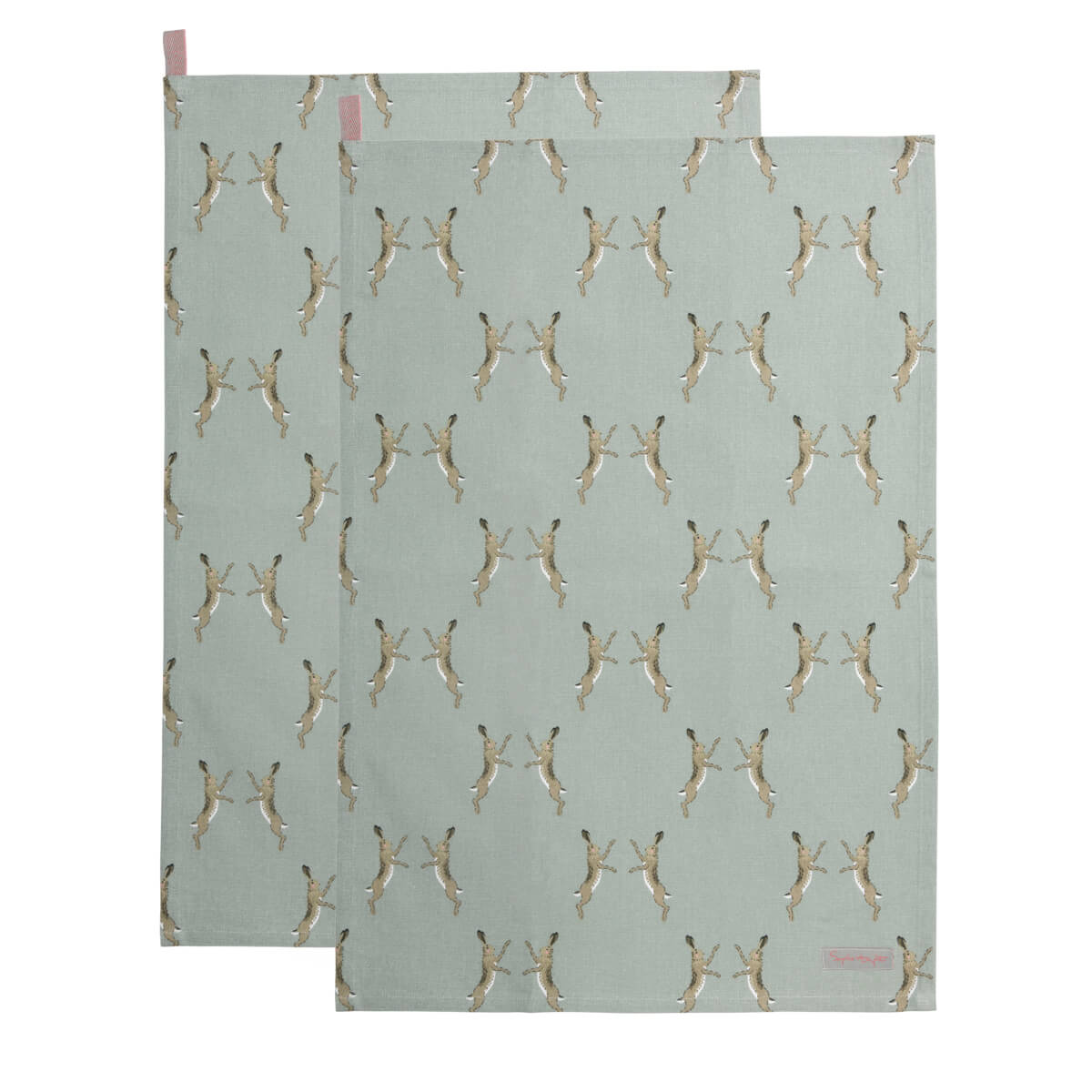 A set of two cotton tea towels featuring Sophie Allport's boxing hares design on a duck egg grey ground