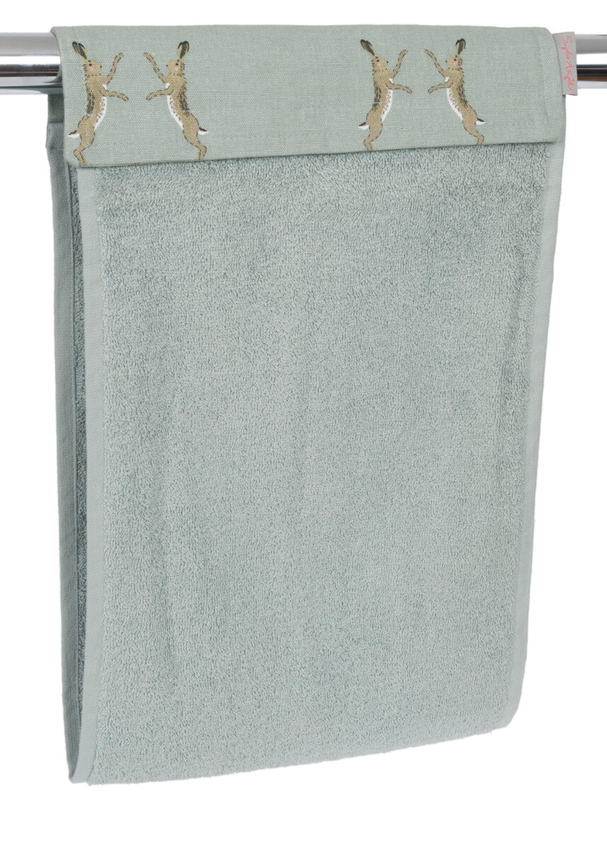 Duck egg grey roller hand towel by Sophie Allport with country boxing hares design