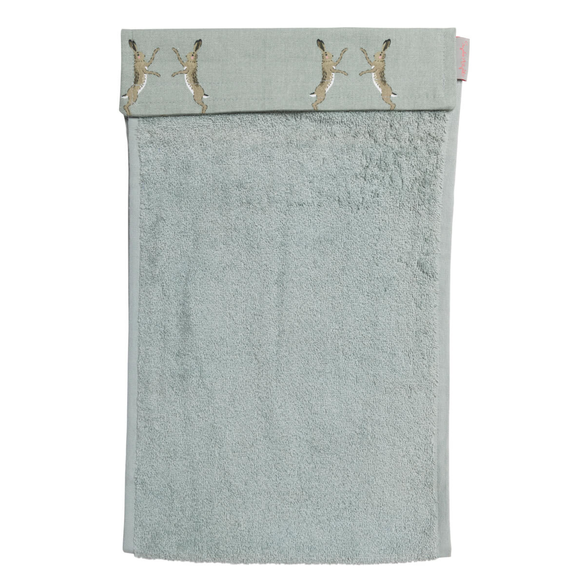 Duck egg grey roller hand towel by Sophie Allport with country boxing hares design