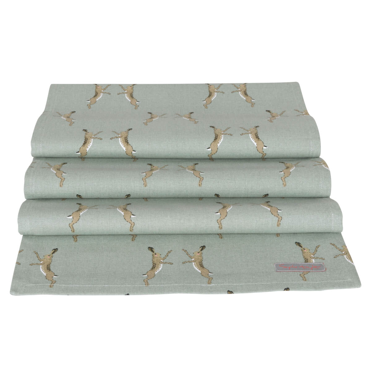 Cotton table setting runner with Sophie Allport's boxing hare print on a duck egg grey ground