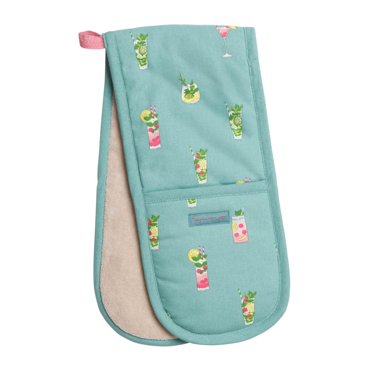 Oven gloves featuring cocktail drinks on a bright aqua coloured cotton.