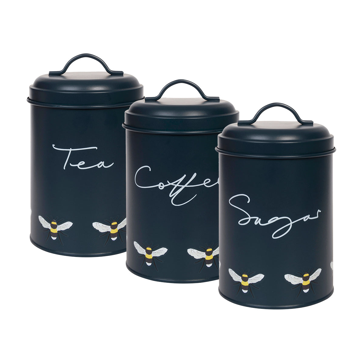 A set of three Sophie Allport storage tins for tea, coffee and sugar. Made from galvanised steel with a navy background.