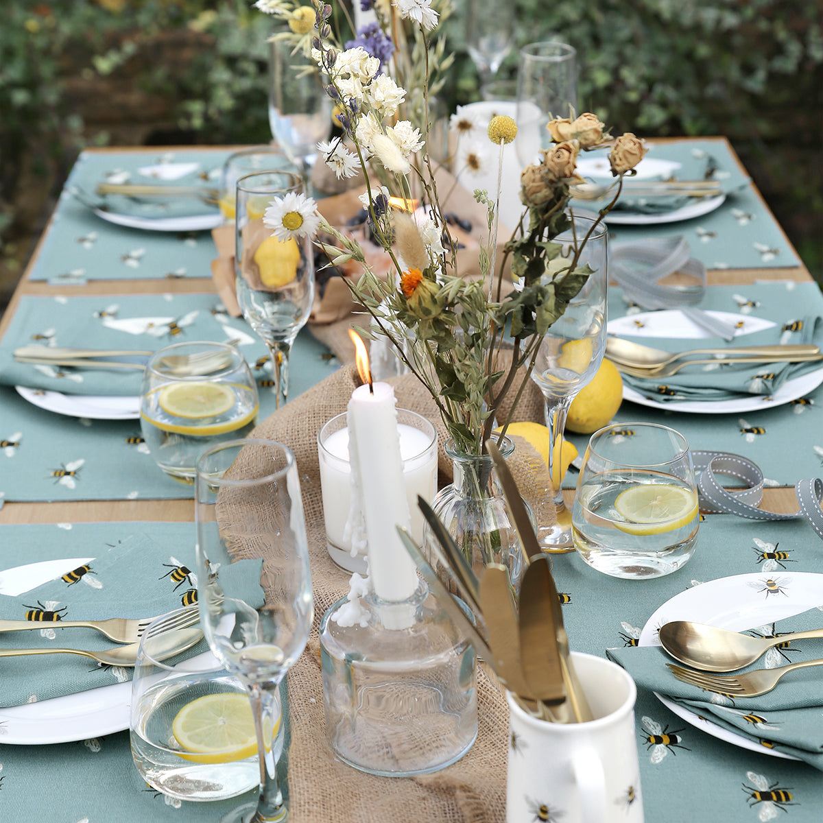 Dining alfresco with Sophie Allport Bees Teal Placemats