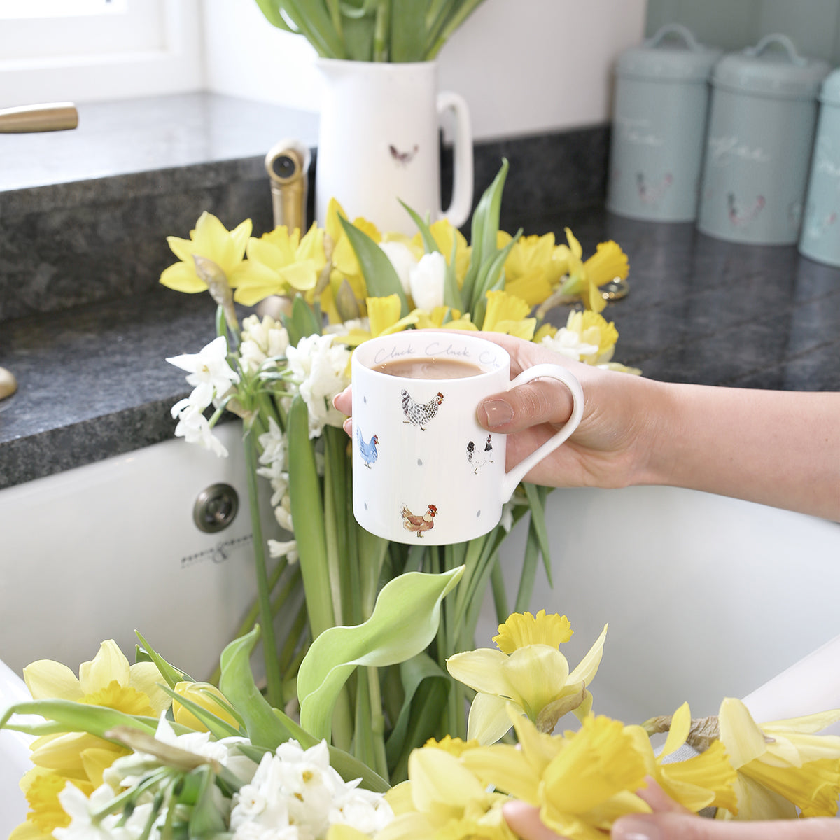 Cluck Cluck Cluck Mug with spring flowers and daffodils