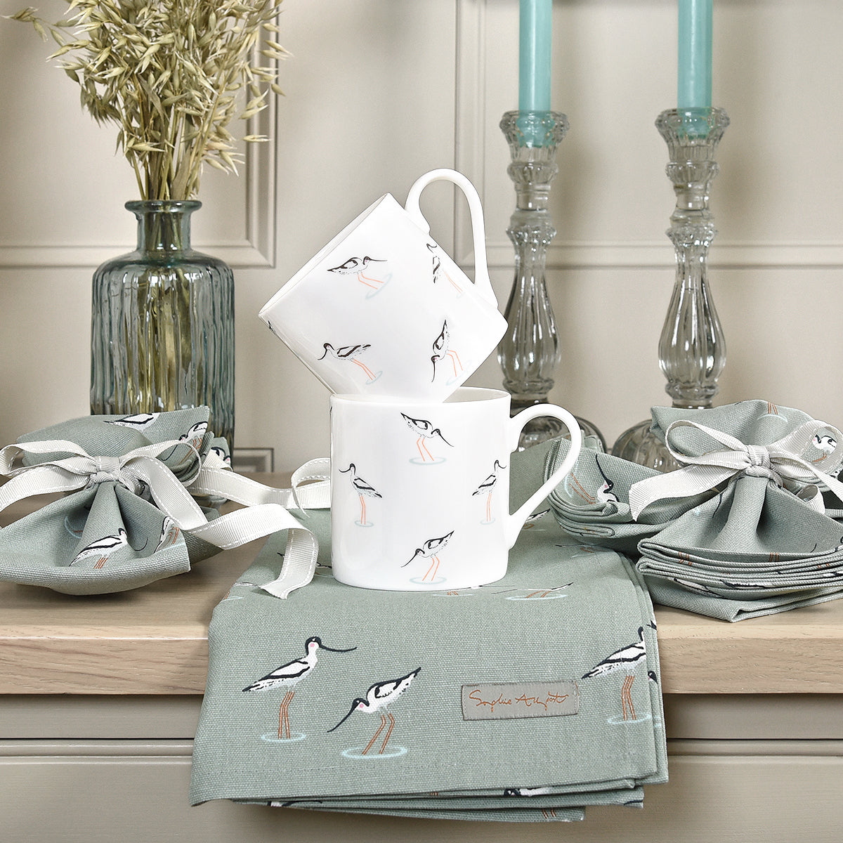 Small Avocets Bird Tea Towel, Avocet Dish Cloth, Blue Grey Bird