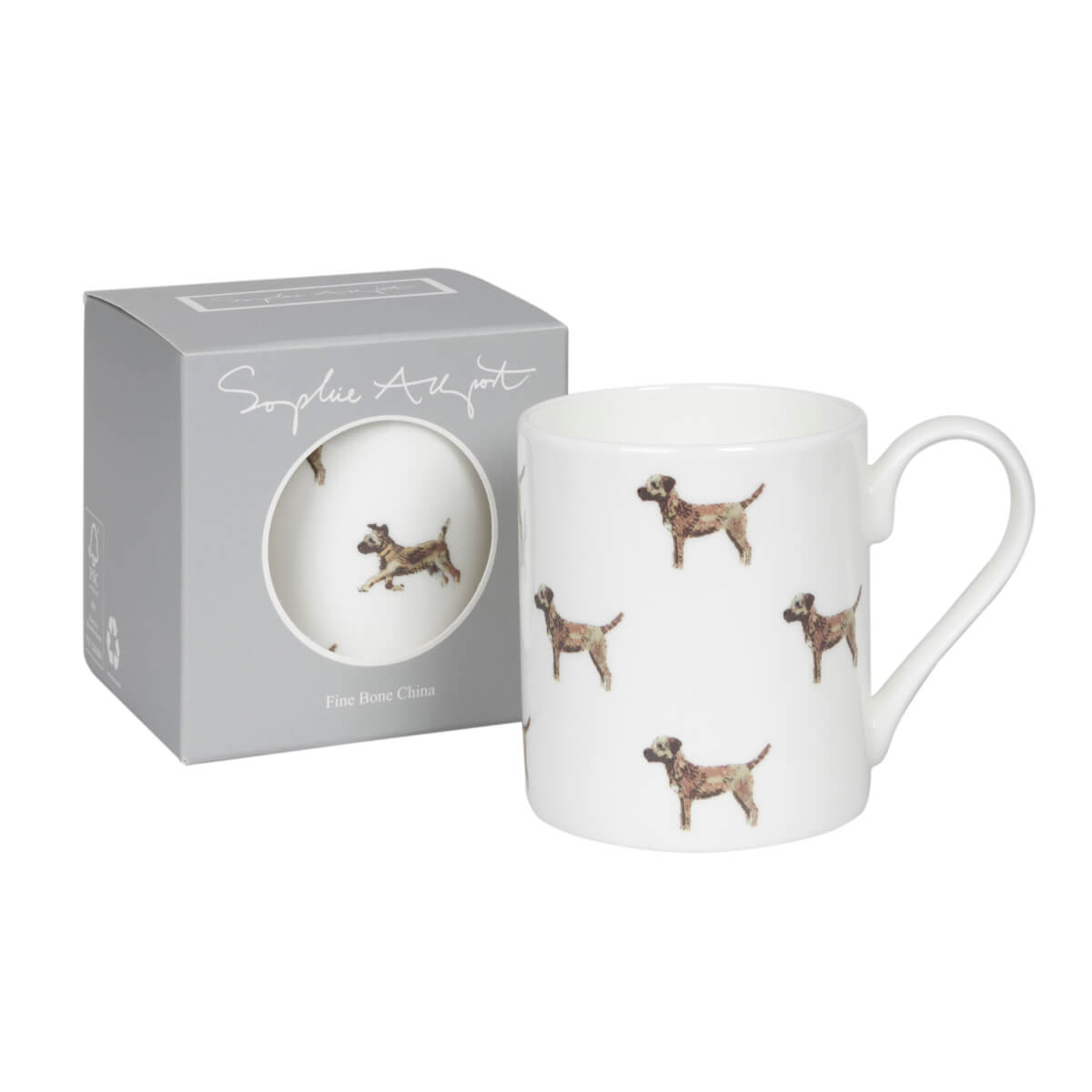White fine bone china mug with border terriers with gift box by Sophie Allport
