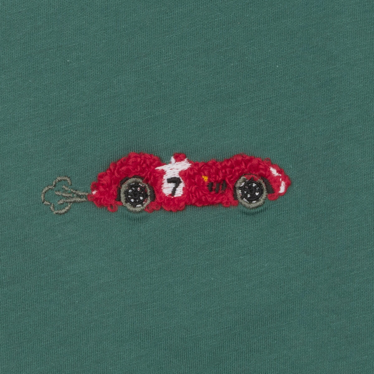 green kids t-shirt by Sophie Allport with embroidered red car on the front centre,