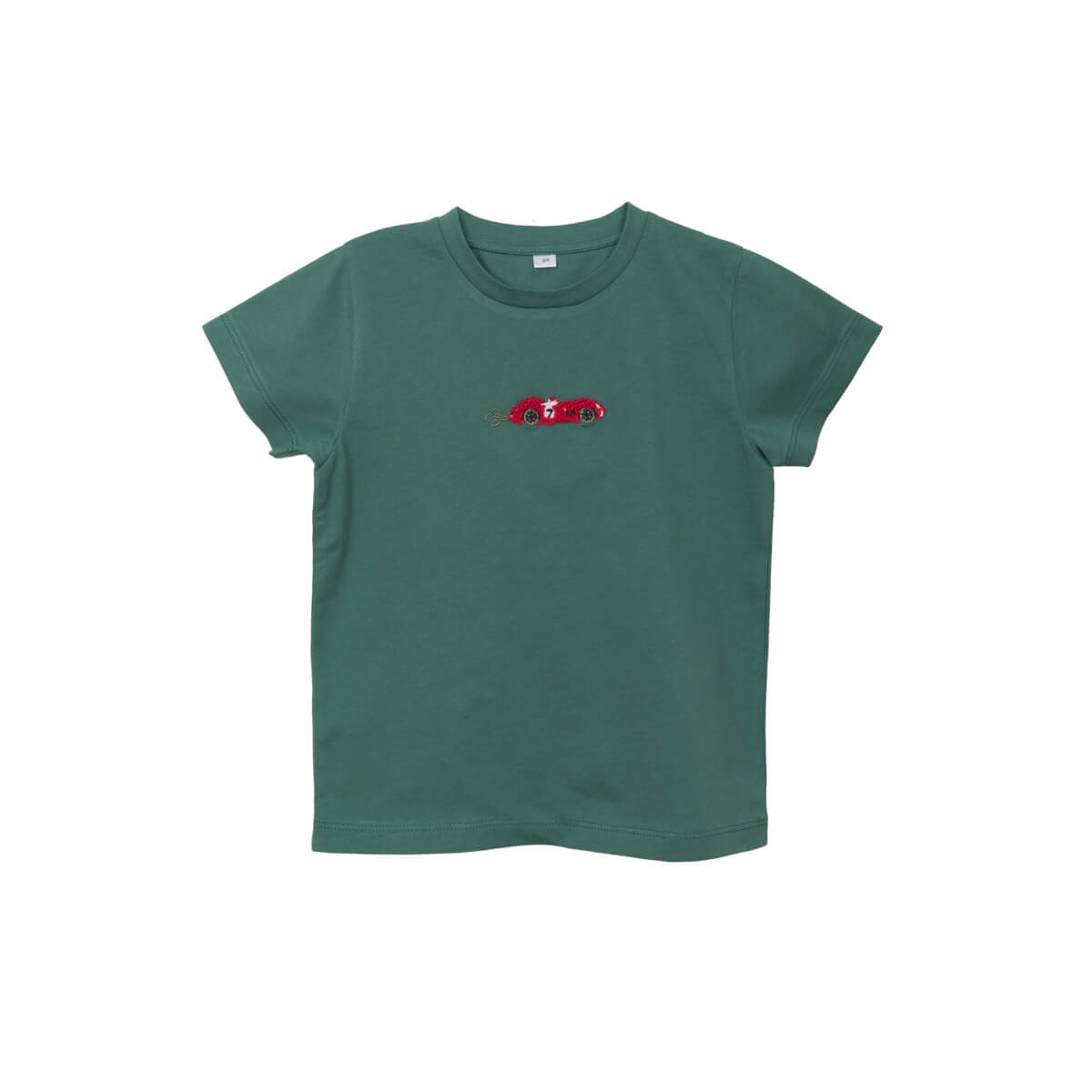 green kids t-shirt by Sophie Allport with embroidered red car on the front centre