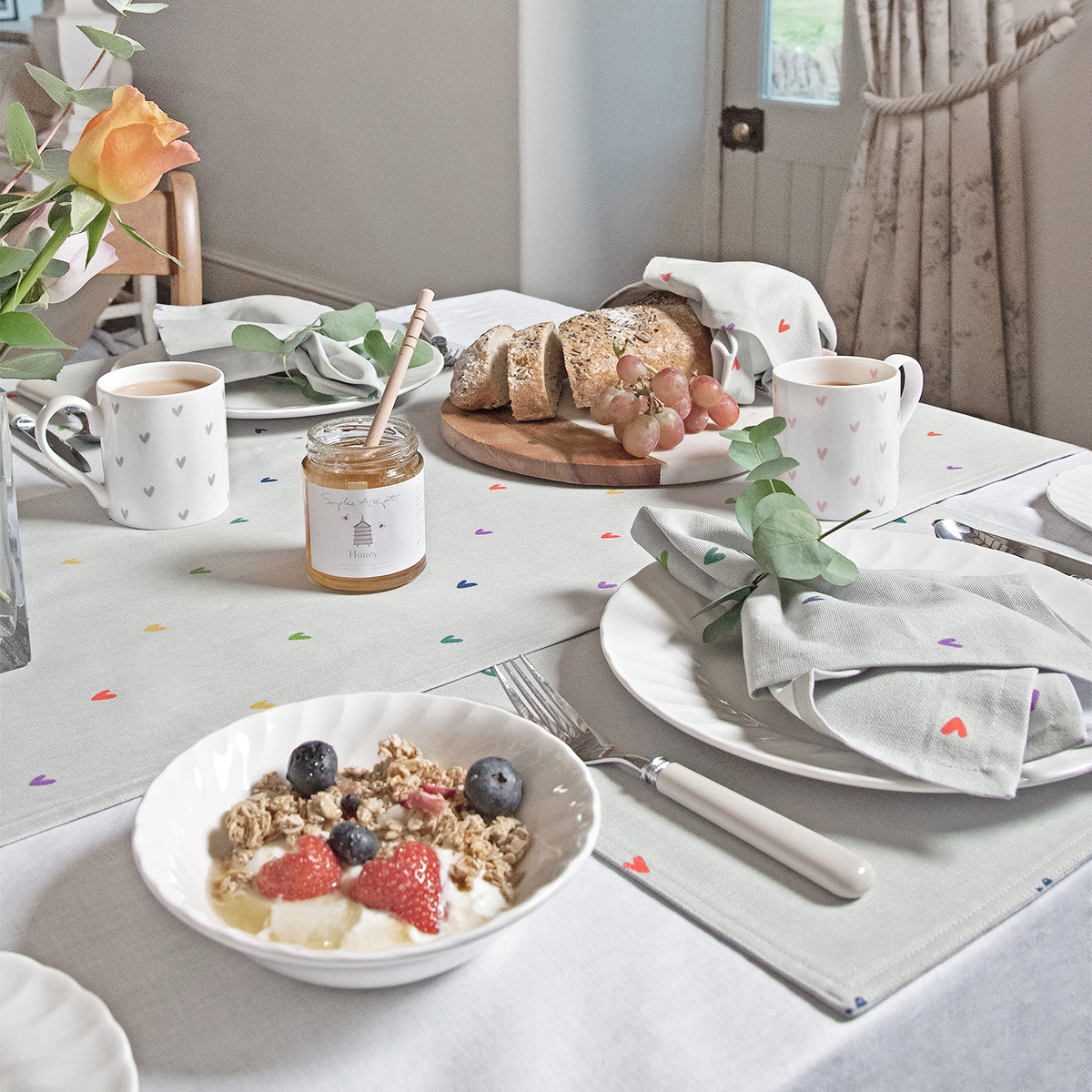 Multicoloured Hearts Table Runner Table Setting by Sophie Allport 