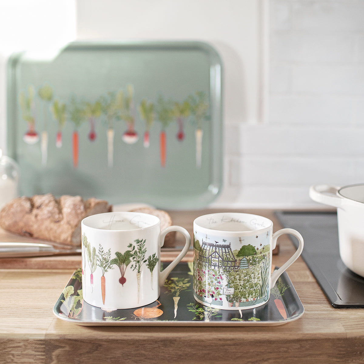 The Kitchen Garden Mug and Home Grown Mug on a small printed tray