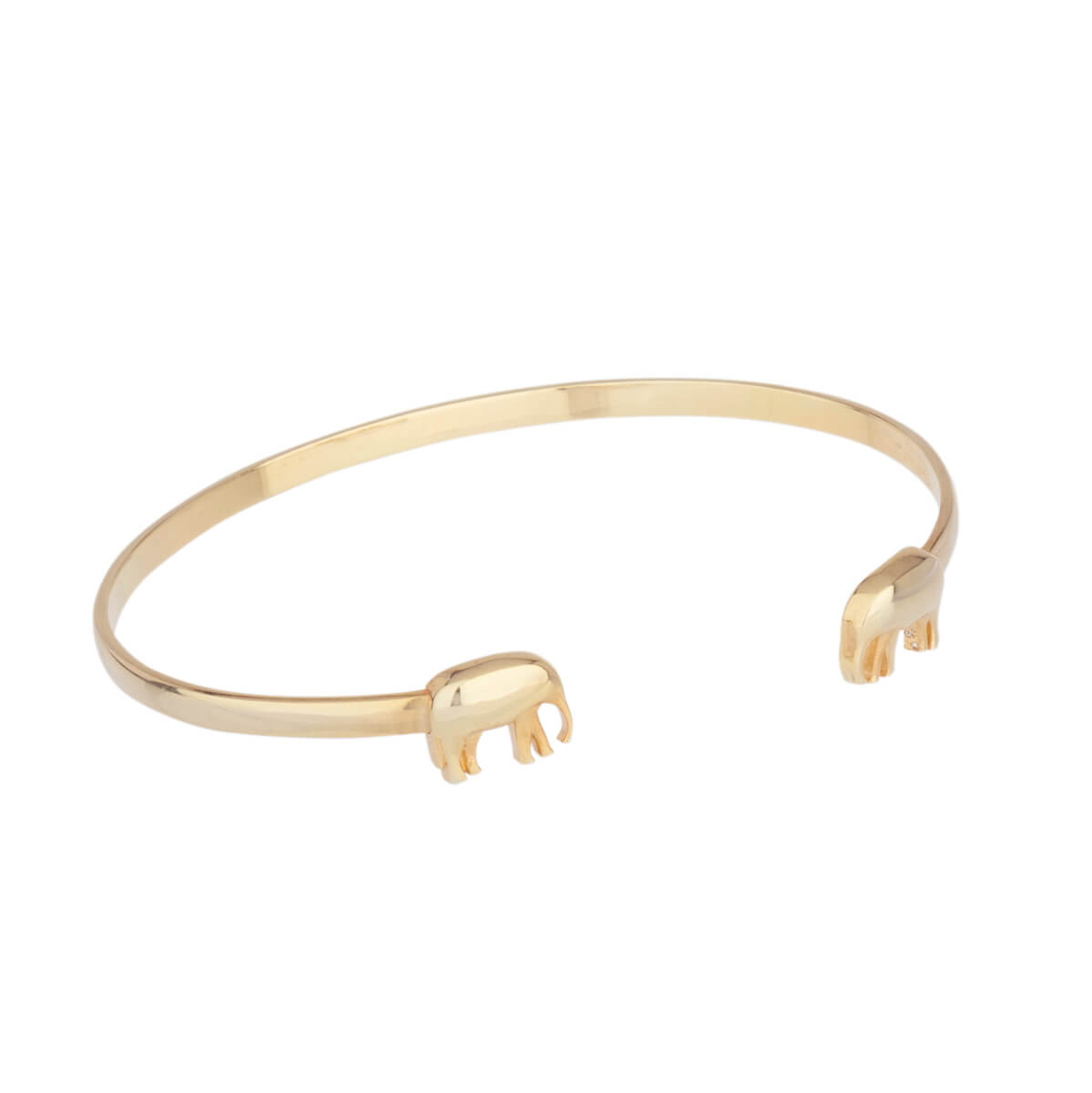 gold plated 925 sterling silver bangle with two elephant charms on a white background