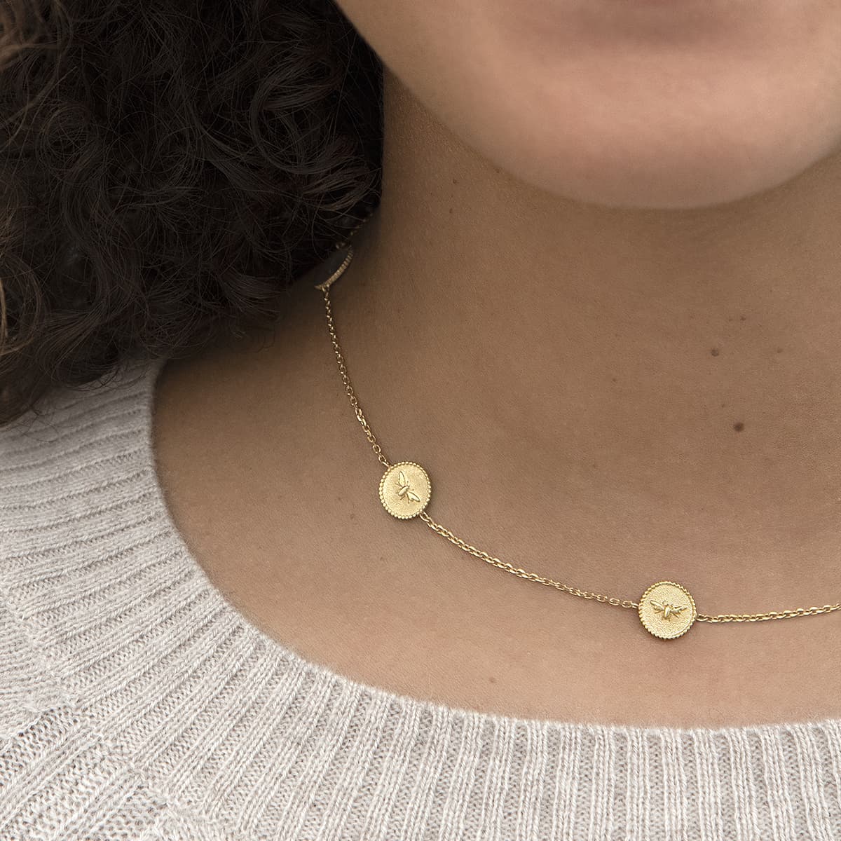 Bees Gold Plated Charm Coin Necklace