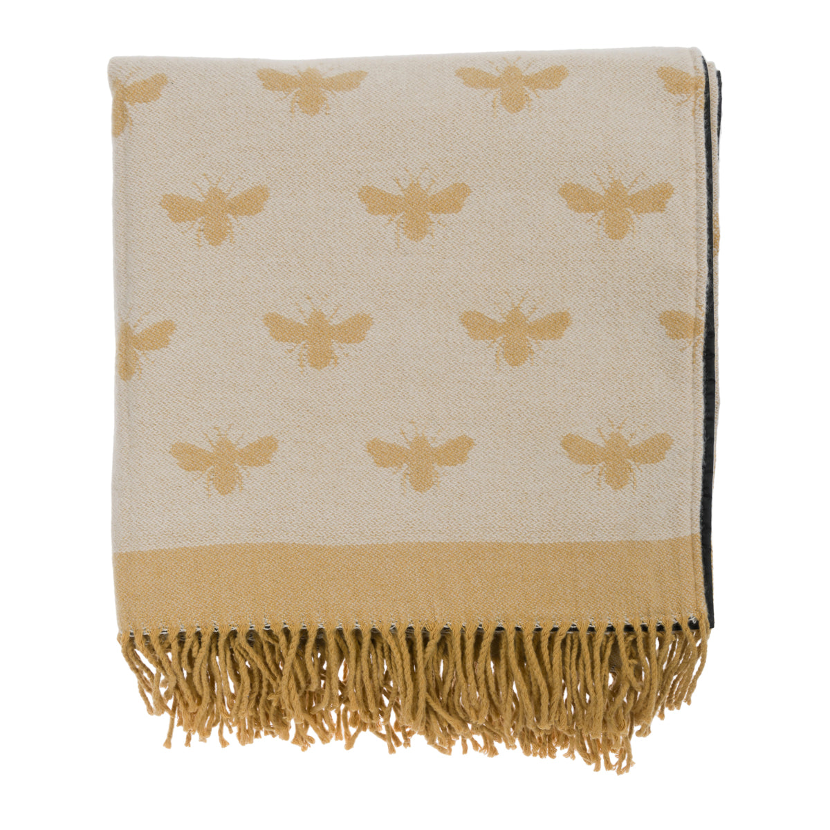 Yellow picnic blanket covered in Sophie Allport's bees.