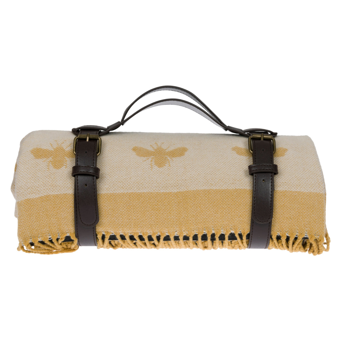 Yellow picnic blanket covered in Sophie Allport's bees with faux leather carrier. 