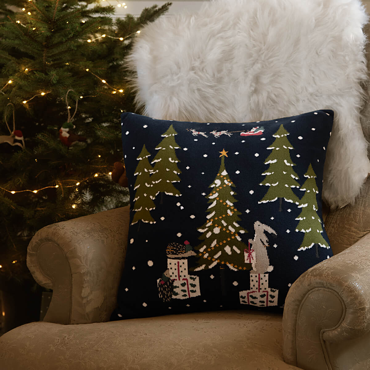 Festive Forest Knitted Cushion
