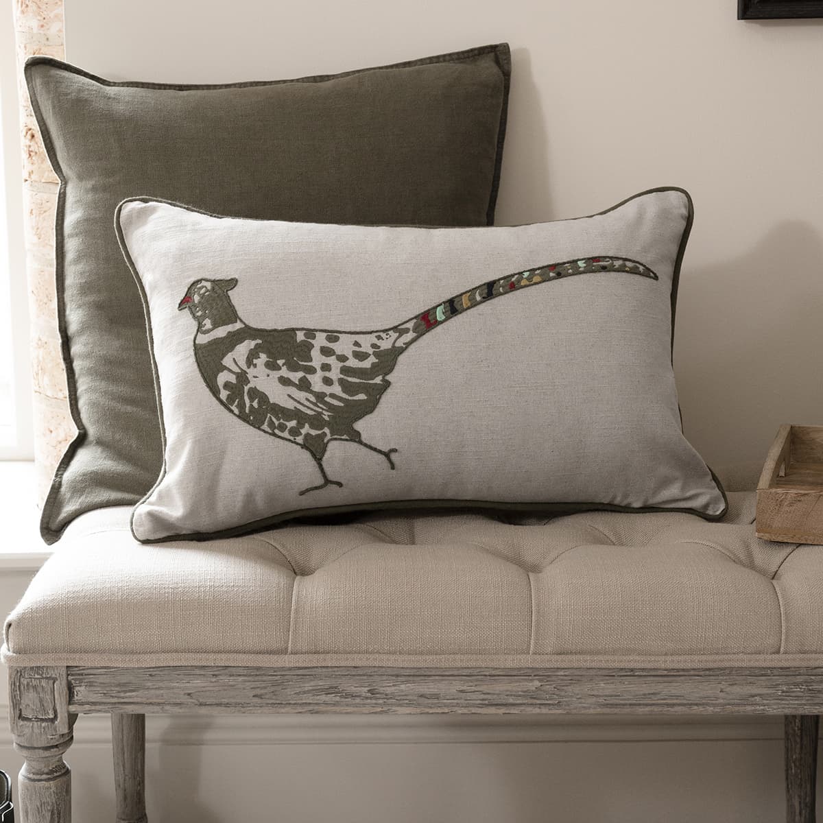 Pheasant Linen Blend Embroidered Cushion