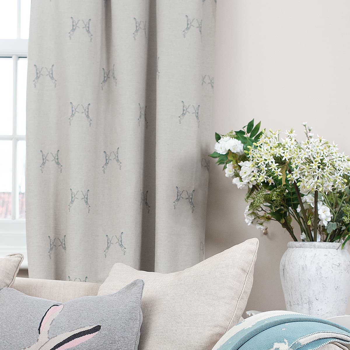 Boxing Hares Duck Egg Linen Blend Fabric Sample