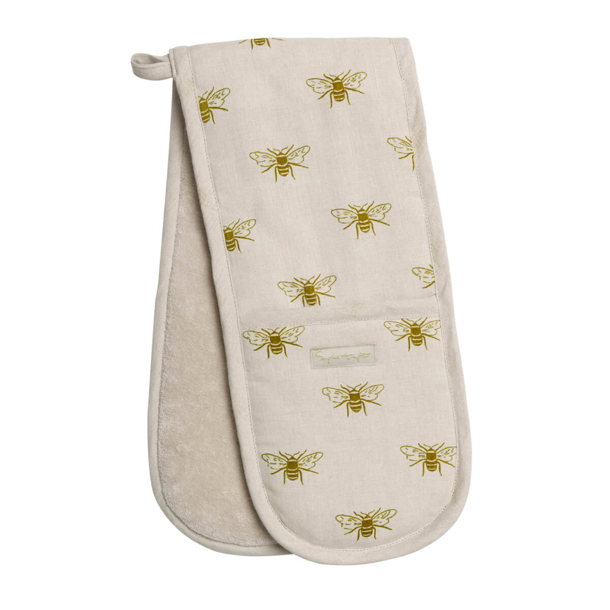 Double oven glove made from 100% linen with Sophie Allport Bees design on a neutral background