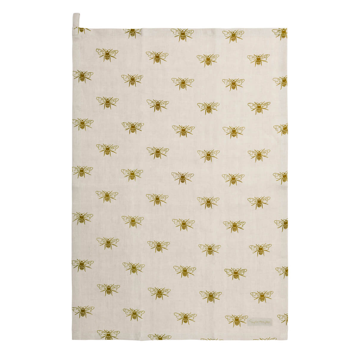 Tea towel made from 100% linen covered in Sophie Allport mustard gold bees on a neutral background. 