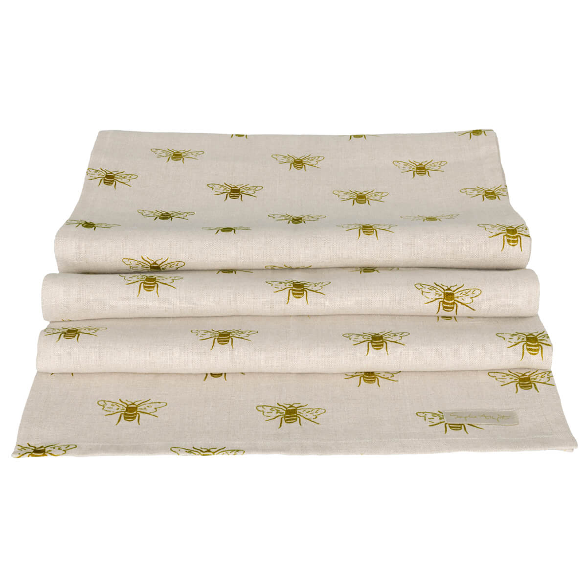 neutral table runner made from 100% linen with mustard gold Sophie Allport bees design