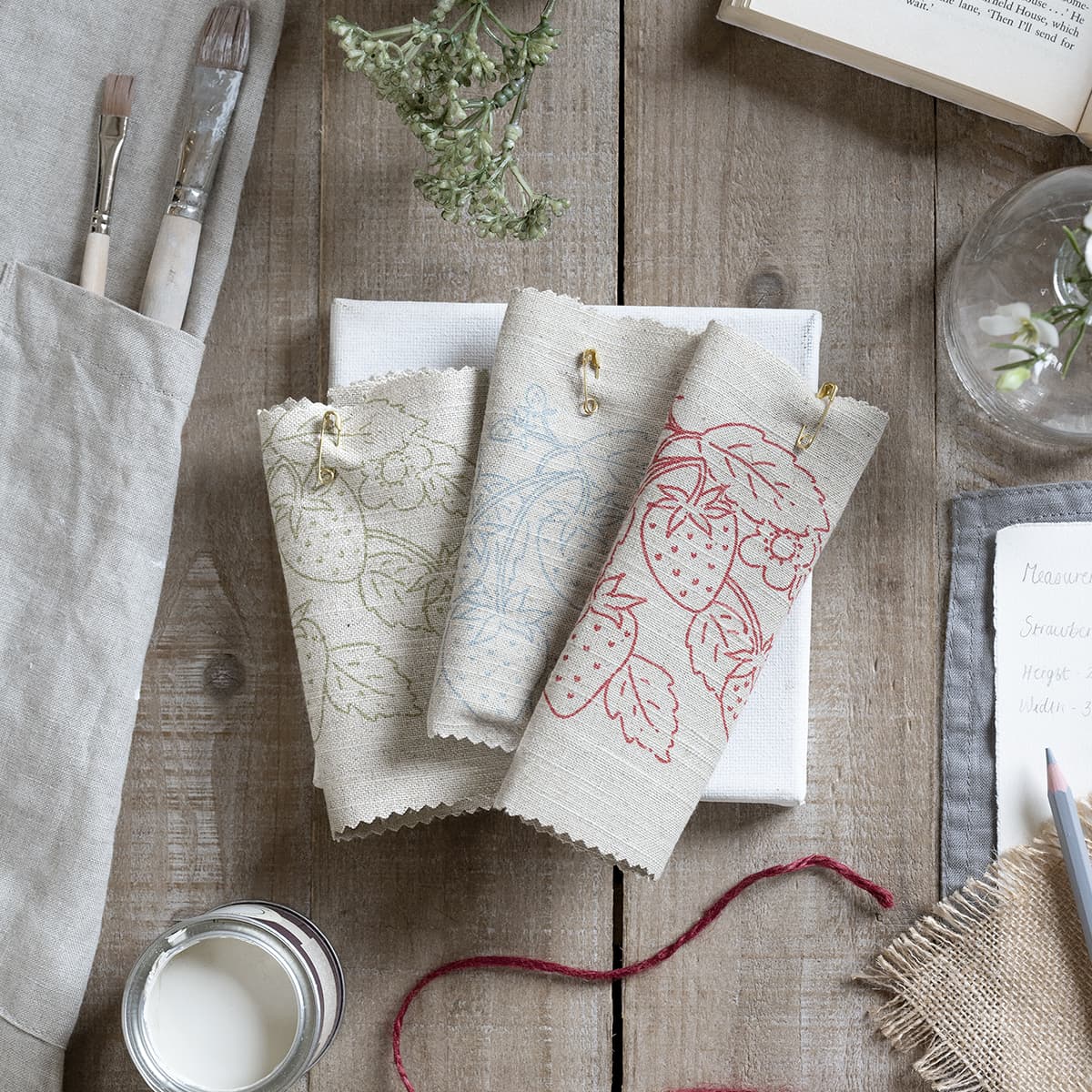 Strawberries Pink Red Linen Blend Fabric by the Metre