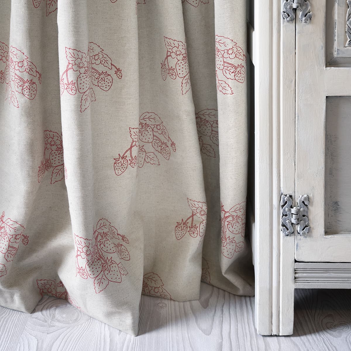 Strawberries Pink Red Linen Blend Fabric by the Metre
