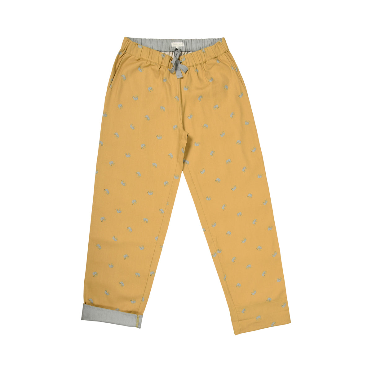 Mustard yellow pyjama bottoms covered in pretty grey elephants